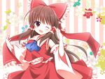  ;d ascot bare_shoulders blush bow brown_eyes brown_hair detached_sleeves hair_bow hair_ribbon hair_tubes hakurei_reimu kashiwadokoro large_bow long_hair long_ribbon looking_at_viewer one_eye_closed open_mouth playing_with_own_hair ribbon ribbon-trimmed_sleeves ribbon_trim smile solo touhou 