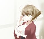  ;) bad_id bad_twitter_id breasts brown_hair cleavage collarbone green_eyes kantai_collection large_breasts messy_hair mutsu_(kantai_collection) one_eye_closed short_hair smile solo souji 