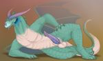  2015 anthro balls cyan_skin dragon erection green_eyes horn lutalo male penis pose precum solo spyro_the_dragon teeth video_games white_skin wings yaroul 