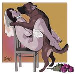  balls bestiality blush breasts canine collar eyes_closed female feral human interspecies kissing lying male mammal missionary_position nude on_back sex sitting spread_legs spreading tongue tongue_out turria 