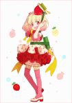  1girl :d arms_up bangs blonde_hair blush eyebrows_visible_through_hair fingernails food food_themed_clothes fruit full_body green_hat hakusai_(tiahszld) hat looking_at_viewer looking_to_the_side nail_polish open_mouth original pink_legwear polka_dot polka_dot_legwear red_eyes red_nails red_skirt shoes skirt smile solo standing strawberry thighhighs uwabaki white_background white_footwear 