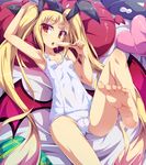  blazblue blonde_hair breasts cameltoe covered_navel food gii long_hair looking_at_viewer nago one-piece_swimsuit popsicle rachel_alucard red_eyes school_swimsuit small_breasts solo swimsuit toraishi_666 white_school_swimsuit white_swimsuit 