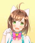  animal_ears blush brown_hair cat_ears fang gloves green_eyes idolmaster idolmaster_cinderella_girls looking_at_viewer maekawa_miku ondo_(shinm02) open_mouth paw_pose short_hair smile solo white_gloves 