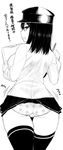  akitsu_maru_(kantai_collection) ass black_hat black_legwear breasts greyscale hat kantai_collection large_breasts looking_back monochrome namidame panties skirt skirt_lift smile solo translation_request underwear 