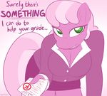  2015 anthro anthrofied bent_over cheerilee_(mlp) cleavage clothed clothing dialogue english_text equine female friendship_is_magic green_eyes hair horse lamiaaaa mammal miniskirt my_little_pony pink_hair pony skirt solo t&eacute;st text 