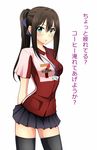  7-eleven breasts brown_hair employee_uniform green_eyes highres idolmaster idolmaster_cinderella_girls kenken lanyard long_hair ponytail shibuya_rin simple_background small_breasts solo thighhighs translated uniform 