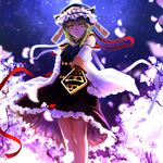  backlighting cherry_blossoms cowboy_shot detached_sleeves full_moon green_eyes green_hair highres ibitsu looking_at_viewer moon night night_sky petals ribbon-trimmed_sleeves ribbon_trim rod_of_remorse serious shiki_eiki skirt sky solo star_(sky) starry_sky touhou upskirt 
