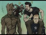  angry armor bigger_version_at_the_source captain_america chirocolor_(artist) clothing costume groot guardians_of_the_galaxy human mammal marvel piggyback plant raccoon rocket_raccoon shirt tony_stark yelling 