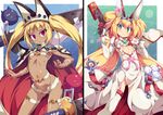  animal_ears blazblue blonde_hair blush breasts bunny_ears cosplay dark_skin elphelt_valentine elphelt_valentine_(cosplay) flat_chest gii green_eyes guilty_gear guilty_gear_xrd gun heart heart-shaped_pupils looking_at_viewer multiple_girls nago navel no_panties platinum_the_trinity rachel_alucard ramlethal_valentine ramlethal_valentine_(cosplay) red_hair small_breasts smile symbol-shaped_pupils toraishi_666 twintails weapon 