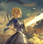  alternate_hairstyle armor armored_dress artoria_pendragon_(all) battlefield blonde_hair fate/stay_night fate_(series) flag gauntlets highres huanxiang_heitu saber sword weapon yellow_eyes 