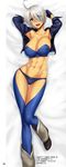  1girl abs ahoge angel_(kof) armpits arms_up bare_shoulders black_gloves black_panties blue_eyes breasts cleavage collarbone female fingerless_gloves from_above gloves hair_over_one_eye highres jacket king_of_fighters large_breasts legs looking_at_viewer lying midriff navel neck on_back open_clothes open_jacket open_mouth panties see-through shiny shiny_skin shoes short_hair smile snk solo st.germain-sal strapless toned tubetop underwear white_hair 