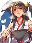  bikini black_bikini black_hair clothes_theft detached_sleeves female_pervert haruna_(kantai_collection) hat kantai_collection long_hair mataichi_mataro nontraditional_miko pervert school_swimsuit solo swimsuit swimsuit_theft theft yellow_eyes 