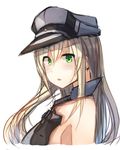  alternate_eye_color bare_shoulders bismarck_(kantai_collection) blonde_hair blush green_eyes hat kantai_collection long_hair military military_uniform open_mouth peaked_cap plan_(planhaplalan) solo uneven_eyes uniform upper_body 