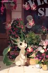  artist_name bluekomadori blush_stickers door flabebe flower gen_4_pokemon gen_6_pokemon highres leafeon looking_at_another no_humans number on_head open_mouth petals plant pokemon pokemon_(creature) potted_plant red_eyes shop sitting storefront watermark web_address window |_| 