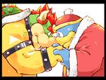  avian bird blue_eyes bowser chubby clothing cute duo garousuki hair hand_holding hat king_dedede kirby_(series) koopa love male male/male mario_bros nintendo nuzzling penguin plain_background red_eyes red_hair robe scalie shell smile video_games 