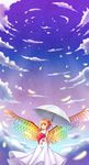  absurdres alternate_wings angel angel_wings blonde_hair blue_sky blush bouquet bow cloud dress feathered_wings feathers flandre_scarlet floating flower hair_ribbon highres kuta_(shi_cai) looking_at_viewer rainbow_order ribbon short_hair side_ponytail sky sleeveless sleeveless_dress smile solo star_(sky) touhou umbrella white_dress wings 