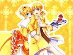  1girl aku_no_meshitsukai_(vocaloid) aku_no_musume_(vocaloid) allen_avadonia blonde_hair blue_eyes brioche brother_and_sister commentary_request cupcake dress evillious_nendaiki food frilled_dress frills hair_ornament hair_ribbon hairclip highres hug hug_from_behind kagamine_len kagamine_rin patterned_background ponytail ribbon riliane_lucifen_d'autriche seasnow siblings smile surprised twins vocaloid 