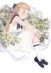  bad_id bad_pixiv_id bangs bare_arms blonde_hair blunt_bangs dress expressionless flower from_side full_body hair_ribbon half_updo lip_(lih8) loafers long_hair original ribbon shoes sitting solo white_dress white_legwear 