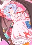  arm_ribbon bat_wings blue_hair blush box chocolate chocolate_heart dress dutch_angle food fruit gift gift_box hat hat_ribbon heart highres juliet_sleeves long_sleeves mob_cap object_hug oversized_object pink_dress pointy_ears puffy_sleeves red_eyes remilia_scarlet ribbon solo strawberry tirol_chocolate touhou ts512zkb valentine wavy_mouth wings 