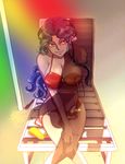  beach_chair bikini black_hair breasts covering covering_crotch daniel_d'arby from_above genderswap genderswap_(mtf) gradient jojo_no_kimyou_na_bouken large_breasts legs_together long_hair lotion mahoto_(bnna) rainbow rainbow_gradient red_eyes sand shade sitting solo stardust_crusaders strap_slip sunscreen swimsuit tattoo 