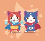  blue_fire cape cat chuno fangs fire full_body fuyunyan haramaki jibanyan multiple_tails no_humans notched_ear open_mouth red_cape scar simple_background star tail tail-tip_fire two_tails youkai youkai_watch youkai_watch_2 