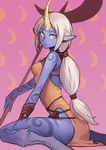  blue_skin breasts horn league_of_legends long_hair looking_at_viewer looking_back medium_breasts oopartz_yang pointy_ears ponytail simple_background sitting solo soraka staff tattoo very_long_hair white_hair yellow_eyes 