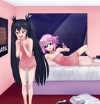  2girls barrel black_hair blush choujigen_game_neptune clothes_on_floor cup d-pad full-face_blush hair_ornament highres hotel_room imminent_sex jiffic long_hair lying multiple_girls naked_towel neptune_(choujigen_game_neptune) neptune_(series) noire on_bed on_side pink_hair red_eyes short_hair shy small_breasts smile sunglasses towel twintails very_long_hair wine_glass yuri 