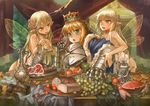  armor armored_dress artoria_pendragon_(all) blonde_hair bread crab crown dress fairy fairy_wings fate/stay_night fate_(series) feast food fruit gauntlets goblet grapes green_eyes highres madcocoon meat multiple_girls pointy_ears red_eyes saber wings 