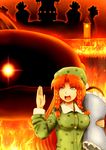  blue_eyes fighting_stance fire hat hong_meiling namazu nightcap open_mouth pillow red_hair scarlet_devil_mansion shirosato sleepwear taisui_xingjun touhou touhou_hisoutensoku 