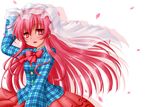  blush bow bridal_veil hata_no_kokoro highres kotowari_(newtype_kenkyuujo) long_hair long_sleeves looking_at_viewer open_mouth petals plaid plaid_shirt red_eyes red_hair shirt simple_background skirt solo touhou veil very_long_hair white_background 