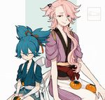  blue_hair japanese_clothes l_hakase long_hair male_focus multiple_boys pink_hair sayo_samonji sitting souza_samonji touken_ranbu 