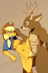  anthro antlers applejack_(mlp) balls blonde_hair bottomless brown_eyes cervine clothed clothing couple cowboy_hat cum cum_in_pussy cum_inside deer equine eye_contact female friendship_is_magic green_eyes hair half-dressed hat horn horse male male/female mammal my_little_pony nipples nsfw-pony nude penetration penis plain_background pony pussy pussy_juice sex shirt shirt_lift vaginal vaginal_penetration 