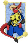  2018 anthro aubrin big_breasts black_nipples blonde_hair breasts bulge caliente clothed clothing dickgirl dragon ear_piercing fallout green_eyes hair hand_on_hip huge_bulge intersex looking_at_viewer nipples open_shirt penis_outline piercing pip-boy scalie solo vault_suit video_games wardrobe_malfunction 