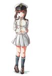  adapted_uniform alternate_costume arms_behind_back brown_hair epaulettes fubuki_(kantai_collection) full_body green_eyes hat highres imperial_japanese_navy kantai_collection kneehighs light_smile loafers longmei_er_de_tuzi looking_at_viewer midriff military military_uniform navel peaked_cap shoes sidelocks simple_background skirt solo uniform white_background 