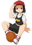  arm_support artist_request baseball_cap basketball bike_shorts black_eyes black_hair bleach child commentary_request hat highres kurosaki_karin looking_at_viewer midriff navel simple_background sitting skin_tight solo spread_legs white_background 