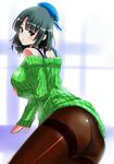  ass bare_shoulders beret black_hair black_legwear breast_hold breasts brown_eyes hat kantai_collection looking_at_viewer off-shoulder_sweater off_shoulder panties panties_under_pantyhose pantyhose perepere-kun ribbed_sweater short_hair solo sweater takao_(kantai_collection) underwear 