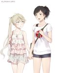  aldnoah.zero bag black_hair blue_eyes blush dress genderswap genderswap_(mtf) handbag harklight holding_hands jewelry long_hair multiple_girls off_shoulder open_mouth pendant ponytail shorts slaine_troyard very_long_hair xsinon 