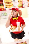  1girl asian bow bowtie brand_name_imitation brown_eyes brown_hair chouzuki_maryou cosplay cup drinking_straw eating employee_uniform fast_food fast_food_uniform food french_fries hamburger hataraku_maou-sama! photo plump polo_shirt ribbon sasaki_chiho sasaki_chiho_(cosplay) short_hair short_twintails skirt solo tray twintails uniform visor_cap 