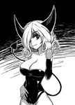  areola_slip areolae bare_shoulders borrowed_character breasts cleavage come_hither commentary cowboy_shot curly_hair demon_girl demon_tail eyeshadow greyscale hair_over_one_eye hero_quest highres jiffic large_breasts leotard long_hair looking_at_viewer makeup monochrome original playboy_bunny_leotard smile solo succubus succubus_(hero_quest) tail 