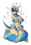  abs angry big_breasts blue_eyes blue_scales breasts brown_hair dragon drakthug female flower hair horn looking_at_viewer norael nude plant pubes rose scalie scar solo thick_thighs voluptuous 