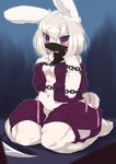  blush breasts caged chipar clothed clothing fur hair half-dressed kemono kunoichi lagomorph mammal masked muramasa ninja purple_eyes rabbit short_hair stuck white_fur white_hair 