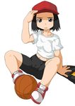 arm_support artist_request baseball_cap basketball bike_shorts black_eyes black_hair bleach child hat highres kurosaki_karin looking_at_viewer midriff navel parted_lips simple_background sitting skin_tight solo spread_legs squinting undressing white_background wince 