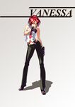  blue_eyes boots character_name contrapposto full_body highres lolik long_legs navel necktie pants red_hair short_hair sleeveless solo standing suspenders the_king_of_fighters vanessa_(king_of_fighters) 