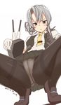  2015 black_legwear dated gin_(ginshari) gloves kantai_collection necktie nowaki_(kantai_collection) panties panties_under_pantyhose pantyhose school_uniform silver_hair skirt solo spread_legs squatting thighband_pantyhose underwear yellow_neckwear 