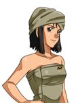  arm arms bare_shoulders black_hair brown_eyes collarbone female gundam gundam_lost_war_chronicles hair_ornament hairclip hand_on_hip lips looking_at_viewer mochi_mame naked_towel neck shiny shiny_skin short_hair simple_background smile solo towel towel_on_head upper_body white_background yuki_nakasato 