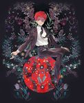  akashi_seijuurou bad_id bad_pixiv_id belt evil_smile floral_background flower full_body heterochromia highres kuroko_no_basuke looking_at_viewer male_focus necktie okomeuma purple_eyes red_eyes red_hair shirt sitting slit_pupils smile solo tulip 