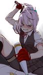  admiral_(kantai_collection) arm_up clenched_teeth gin_(ginshari) hammer highres incoming_attack kantai_collection neck_ribbon red_ribbon ribbon shiranui_(kantai_collection) solo straddling teeth vest 