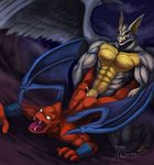  abs anal arma butt cum demon demon&#039;s_crest duo feathered_wings feathers firebrand forced gargoyle grin male male/male muscles open_mouth orgasm pecs penis plussun rape red_arremer red_skin sex video_games wings 