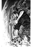  beard black_hair empty_eyes facial_hair greyscale highres japanese_clothes katana male_focus miyamoto_musashi monochrome non-web_source ponytail solo sword takehiko_inoue vagabond weapon 