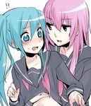  2girls aqua_eyes aqua_hair bad_id bad_pixiv_id blue_eyes blush groping hatsune_miku long_hair megurine_luka mizuki_(koko_lost) multiple_girls pink_hair school_uniform serafuku simple_background surprised surprised_arms twintails vocaloid yuri 